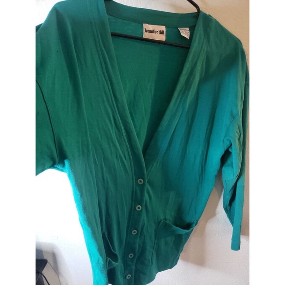 Jennifer Hill Deep V- Neck Cardigan sweater Womens Large Green Made in Jamaica - Picture 3 of 4